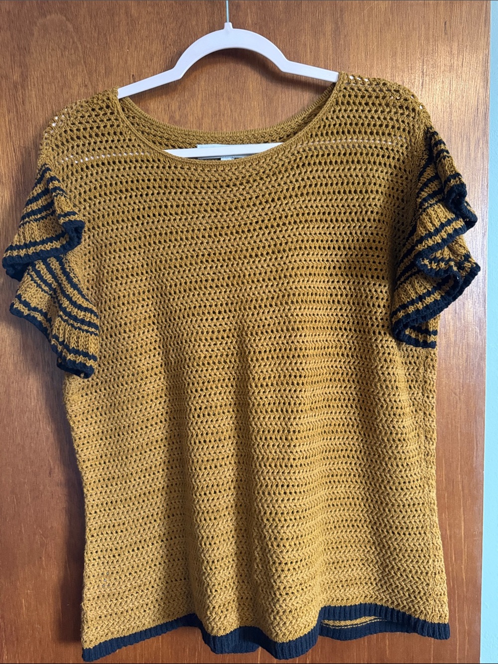 LOFT Mustard Knit Top with Black Trim & Ruffle Sleeves